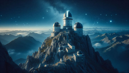 Astronomical Observatory on the top of the mountain. 3D rendering