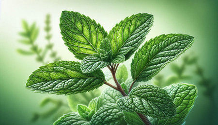 Close up of fresh mint leaves on blurred background. Alternative medicine concept