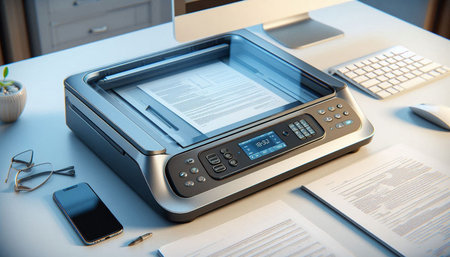 Office multifunction printer with documents and smartphone on table in modern office
