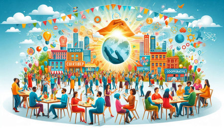 Business people at outdoor cafe, summer time concept. Vector illustration.