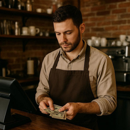 Handsome barista counting dollar bills at counter in coffee shop
