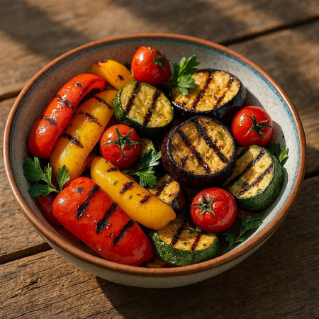Grilled vegetables in a bowl on a wooden background. Selective focus.