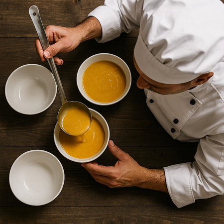 Top view of a chef holding a spoon and a bowl of pumpkin soup