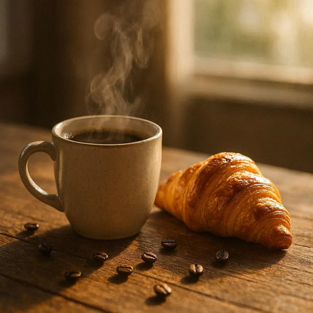 Coffee cup and croissant on wooden table in morning light
