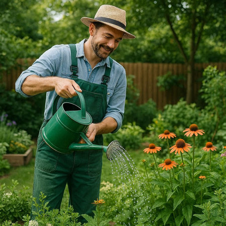 Gardener watering flowers in the garden. Gardening concept.