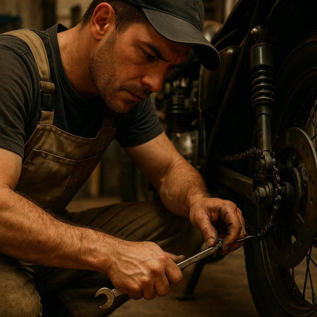 Close-up of a mechanic repairing a motorcycle. Selective focus.