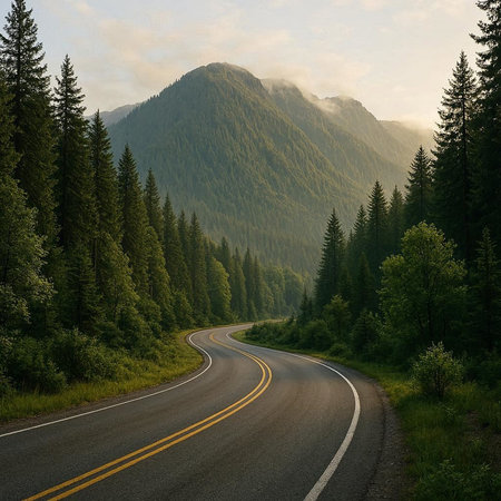 Road in the mountains with coniferous forest and fog in the background
