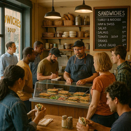 Group of people sitting in a cafe and waiting for a sandwich.