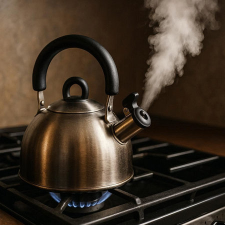 Kettle with steam on the gas stove in the kitchen at night