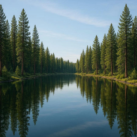 Lake in the coniferous forest. Beautiful summer landscape with lake.