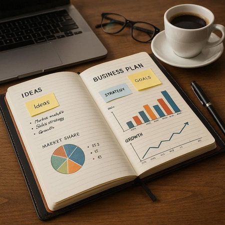 Business graph analysis on notebook with a cup of coffee on wooden table