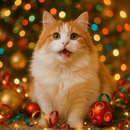 Cute ginger cat with christmas balls on bokeh background
