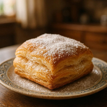 Freshly baked croissant on a plate. Selective focus.