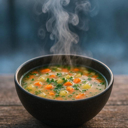 Chicken soup in a bowl on a wooden table. Selective focus.
