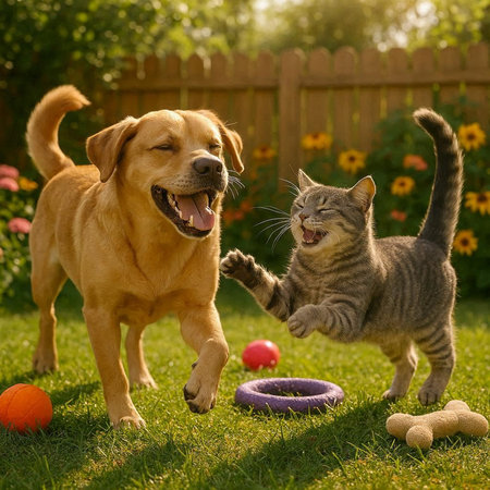 Cute cat and dog playing together in the garden at sunset.