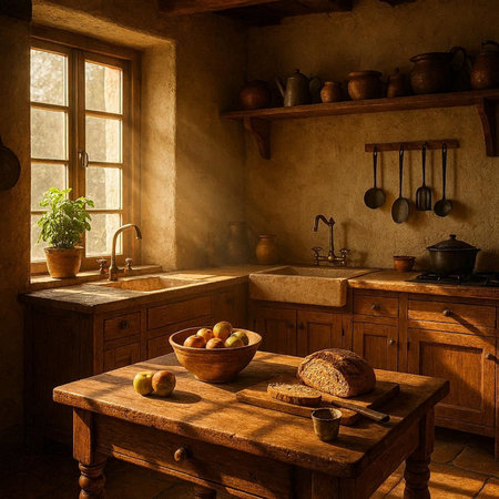 Still life of rustic kitchen interior with vintage utensils.