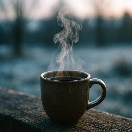 Cup of coffee on a wooden table in the winter forest.