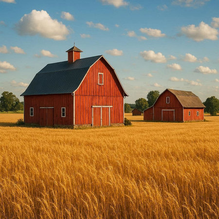Two red barns in a wheat field under a blue sky with clouds