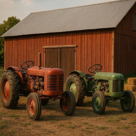 Old farm tractor in front of a rustic wooden barn on a farm