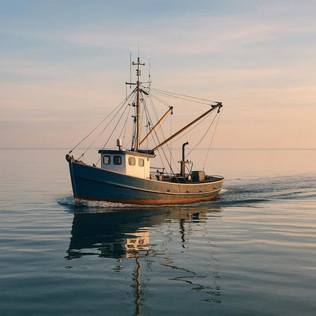 Fishing boat in the sea at sunset. Baltic sea, Poland.