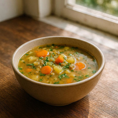 Vegetable soup with carrots and parsley in a bowl.