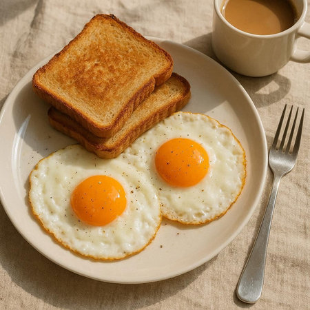 Breakfast with fried eggs and toasts on a plate, top view
