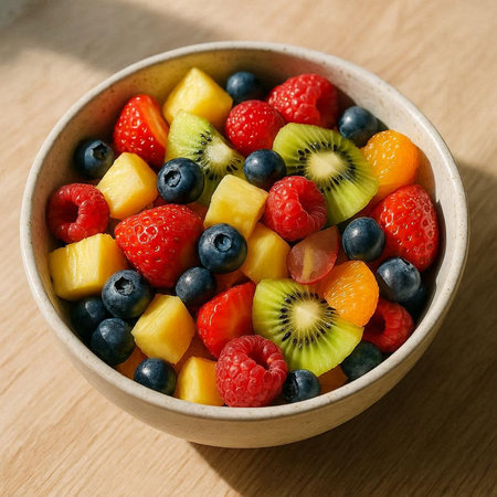 Bowl of fresh fruit salad with kiwi, pineapple, blueberry and strawberry