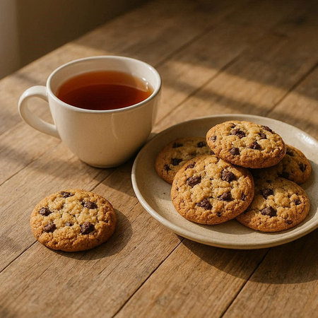 Chocolate chip cookies and a cup of tea on a wooden table