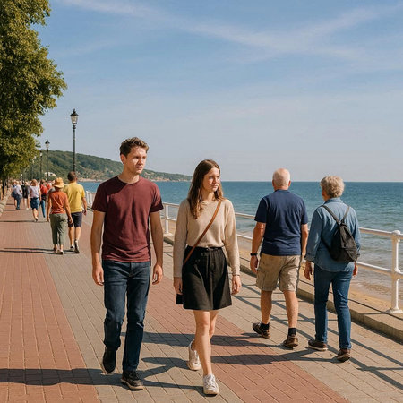 People walk along the embankment of Lake Constance in Germany