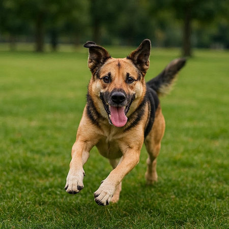 German shepherd dog running in the park. Shallow depth of field.