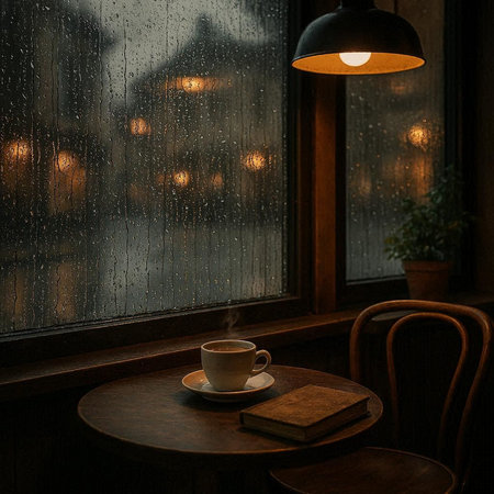 Coffee cup on a wooden table in front of a window with raindrops