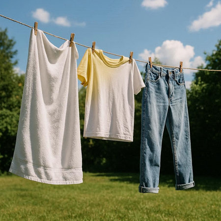 clothes hanging on a clothesline in the garden. clothes care concept