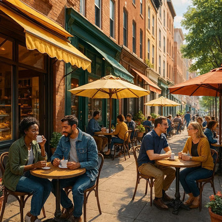 People sit at a street cafe in Manhattan, New York City, USA