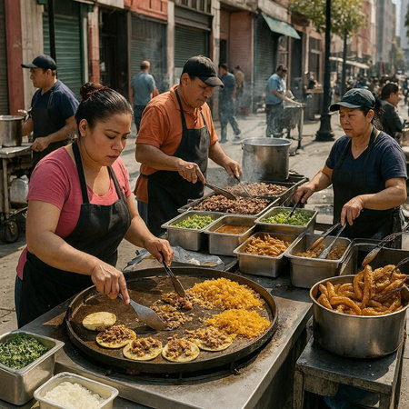 View of unknowns Nepali people cooking street food in Kathmandu in the morning