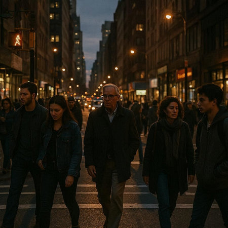 Unidentified people walking at night.