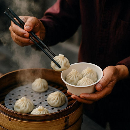 Chinese steamed dumplings in bamboo steamer with chopsticks