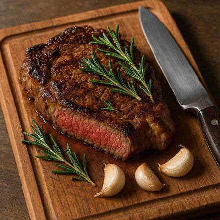 Grilled beef steak with rosemary and garlic on wooden cutting board