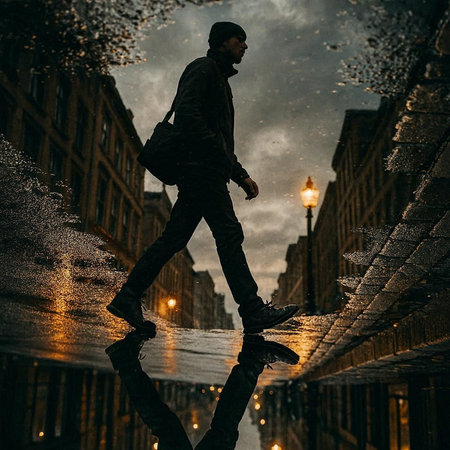Young man in a raincoat with a backpack walks through the rain.