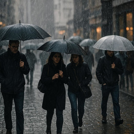 A group of people with umbrellas on a rainy day.