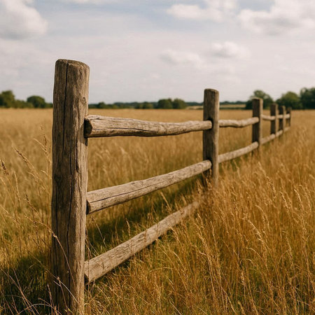 Wooden fence in a field of wheat in the summertime.