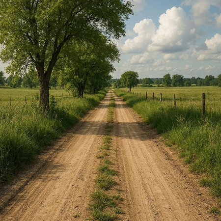 Dirt road in a meadow with trees and clouds in the sky