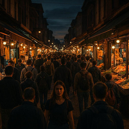 Crowds of people walking on the street at night