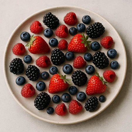 Ceramic plate with blueberries, raspberries and blackberries