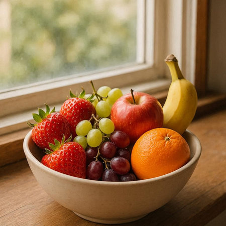 Bowl of fresh fruits on a wooden table by the window.