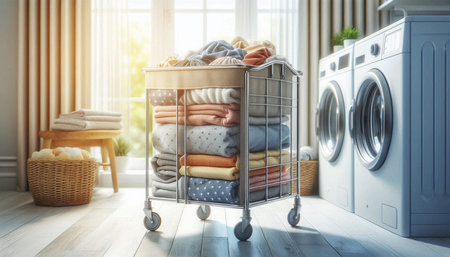 Laundry room interior with washing machine and stack of clean clothes