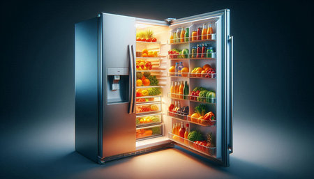 Refrigerator full of fresh fruits and vegetables. Concept of healthy eating. 3d rendering