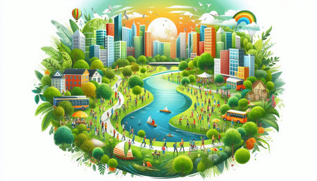 Cityscape with green grass and trees on white background. Vector illustration.