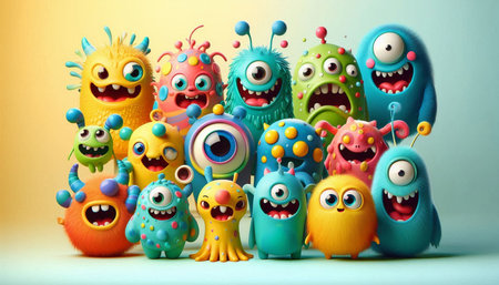 Funny monsters group on colorful background. 3d render illustration.