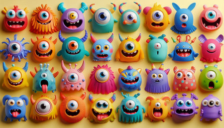 Funny colorful monsters on yellow background, top view. Halloween party