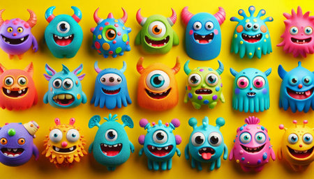 Funny monsters made of plasticine on yellow background, flat lay